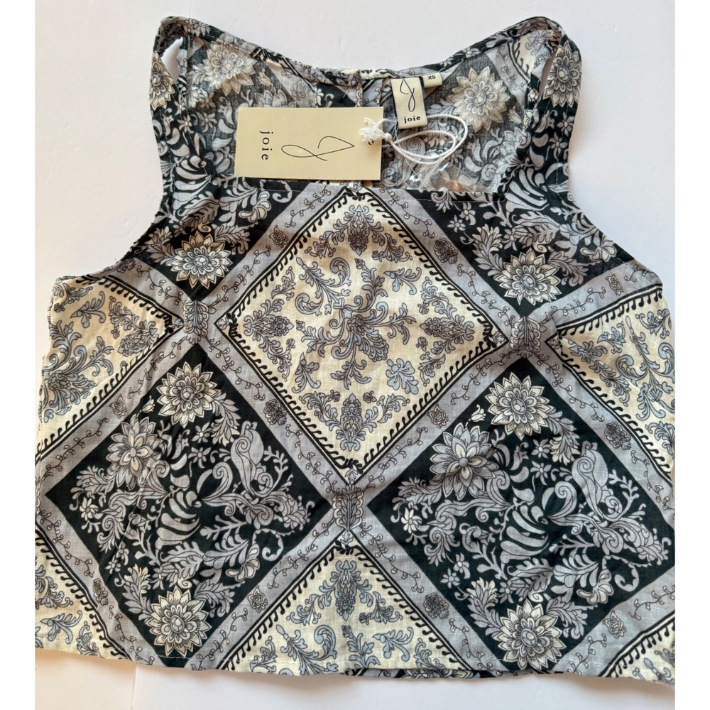 Joie Medallion Paisley Print Sleeveless Crop Top Button Back Black Grey XS NWT